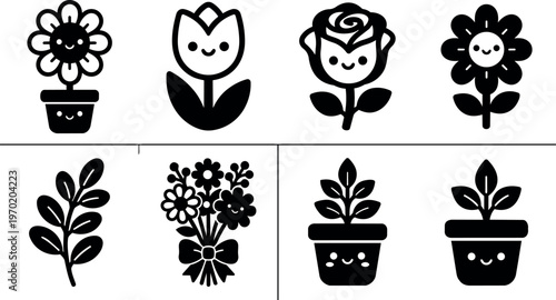 Black and white happy flower pot tulip rose branch bouquet smiling faces vector art