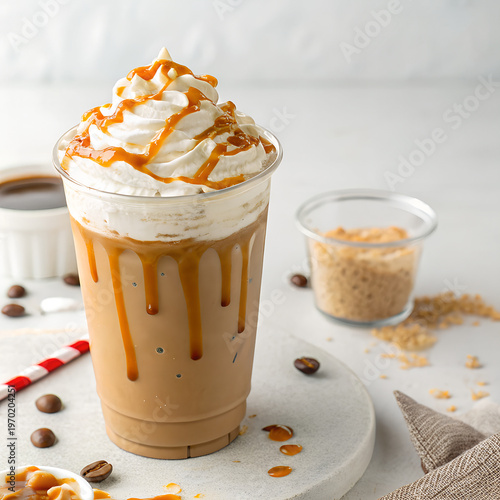 Delicious glass of cold coffee topped with thick whipped cream and a sprinkle of cinnamon makes a sweet brown drink perfect for a decadent dessert