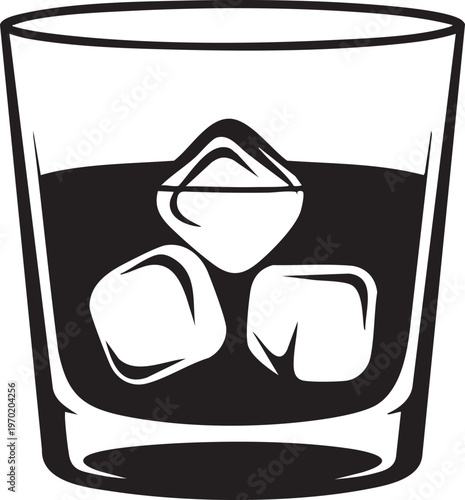 Black drink, whiskey glass, ice cubes, vector illustration, beverage, alcohol