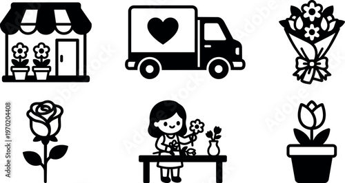 Black and white flower shop truck rose bouquet pot and florist woman icons