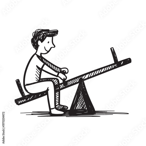 A simple sketch depicts a boy enjoying a seesaw in a park