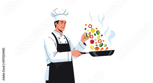 A smiling male chef in a white uniform and black apron holds a frying pan from which colorful chopped vegetables are actively tossing and steaming.