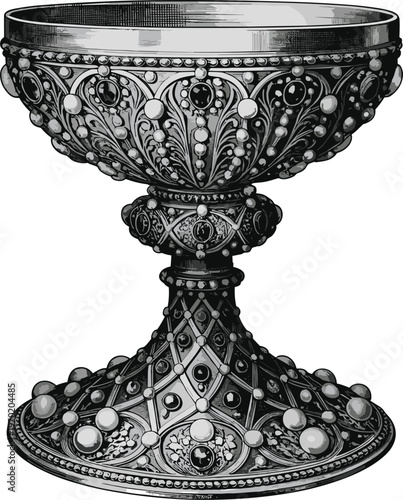Ornate vintage silver goblet with intricate gemstone detailing, antique ceremonial chalice design isolated on white background, luxury decorative metalware, historical craftsmanship concept