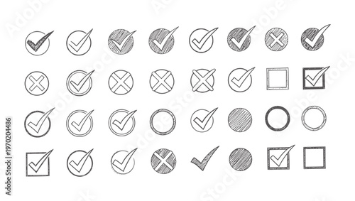 Hand drawn checkmarks and crosses in circles and squares