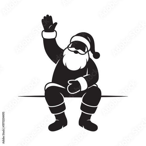 A black and white illustration of santa claus waving hello cheerfully