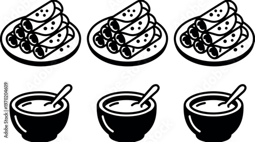 Black and white line art enchiladas with side sauce bowls set
