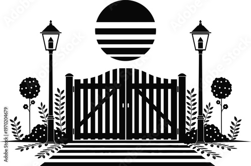 Garden entrance gate silhouette with street lamps, decorative landscape design, sunset background scene, outdoor pathway concept, flat vector illustration
