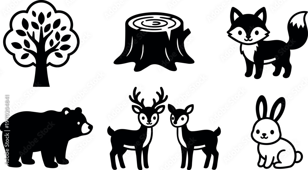 Obraz premium Black and white forest animals tree stump and tree vector art