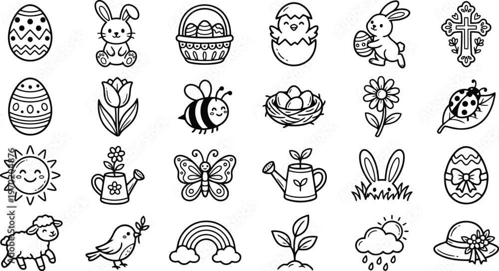 Fototapeta premium Assortment of hand-drawn easter and spring nature elements and animals outline icons with watering can