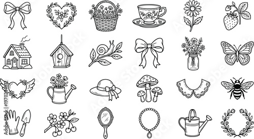 Whimsical hand-drawn icons: garden, romance, and cottagecore elements, vector art, flower basket, watering can, shabby chic