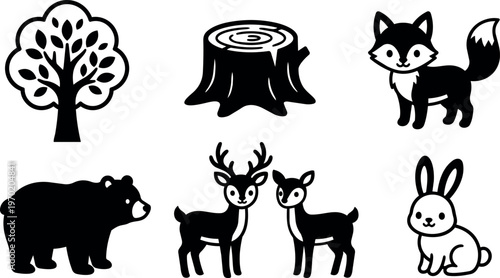 Black and white forest animals tree stump and tree vector art