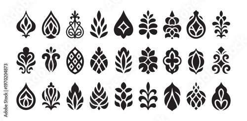 Set of black and white ornate teardrop and leaf decorative design elements vector illustration