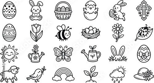 Assortment of hand-drawn easter and spring nature elements and animals outline icons with watering can