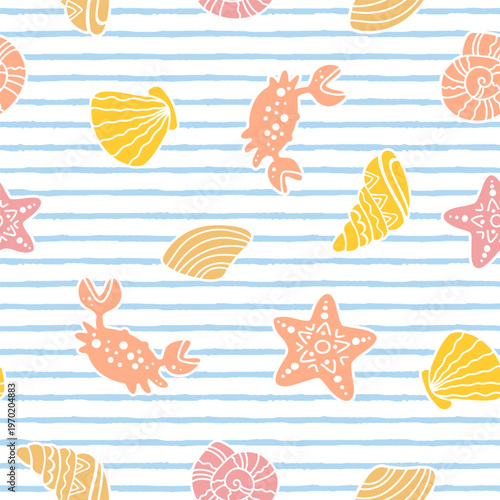 Hand drawn seamless pastel marine pattern with shells, corals, crab and stars, playful ocean themed boho background with soft blue stripes and bright decorative elements