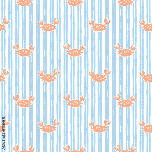 Hand drawn seamless pastel marine pattern with crab, playful ocean themed boho background with soft blue stripes and bright red crabs