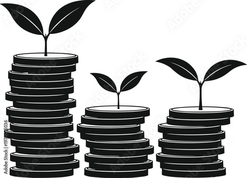 Money growth concept with plant sprout on coins, financial investment symbol, savings growth illustration, business profit idea, flat vector design