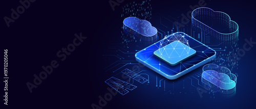 CPU AI isometric background with cloud, circuit board and binary code. Futuristic microchip ai processor concept. Central Computer Processors CPU and Cloud design. Digital chip banner vector.