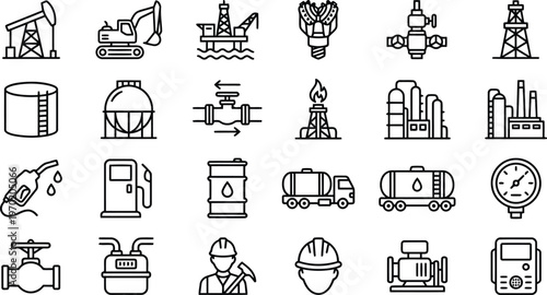 Collection of oil and gas industry line icons showing energy production and supply