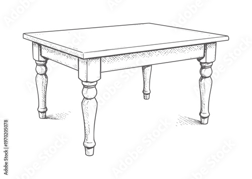 Hand drawn of a wooden dining table with turned legs furniture vintage antique