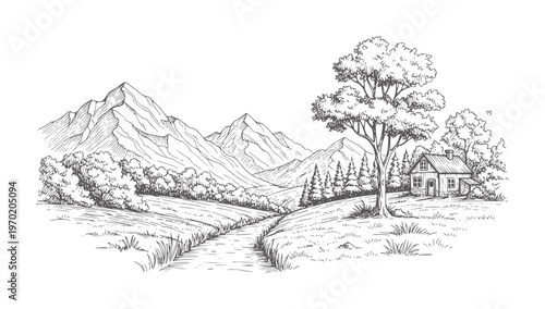 Hand drawn of a rustic cabin nestled amongst trees with mountains and a stream vintage