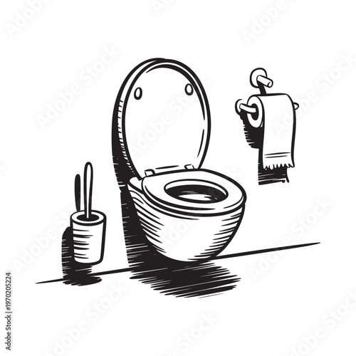 Simple black and white illustration of a toilet and bathroom accessories