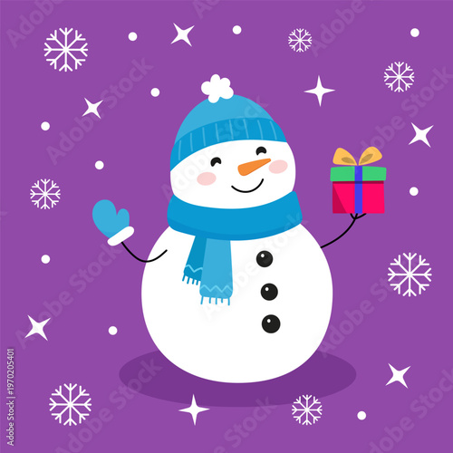 Cute snowman holding gift festive winter holiday character cheerful scene