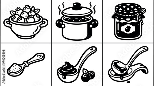 Blueberry bowl cooking pot jam spice and ladle icons