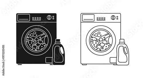 Washing machine and detergent illustration in contrasting styles silhouette