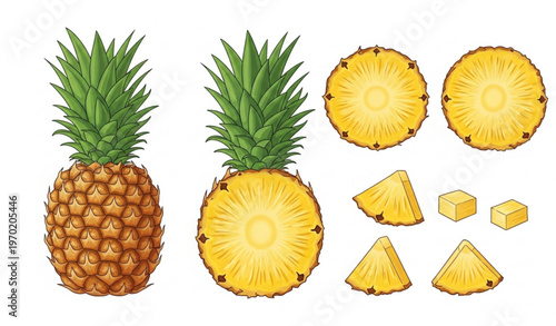 Pineapple Set Whole Half and Slices Fresh Fruit Vector Illustration