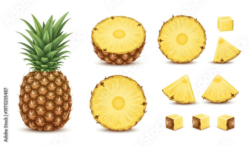 Pineapple Set Whole Half and Slices Fresh Fruit Vector Illustration