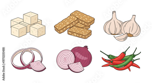 Various fresh tofu, tempeh, garlic, red onions, and chili peppers are neatly arranged on a clean white background.