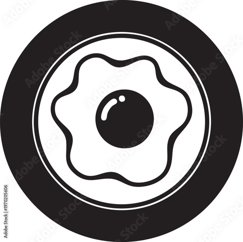 Fried egg icon, black and white illustration, breakfast symbol, food logo