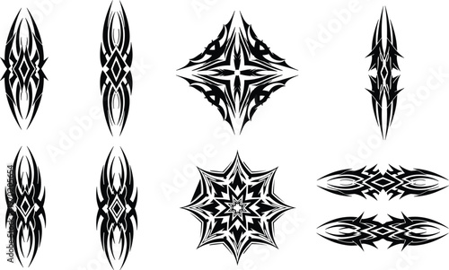 Tribal tattoo set abstract symmetrical patterns, geometric ornamental designs, black ink style, decorative elements, edgy vector collection isolated artwork