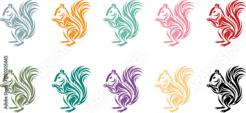 Colorful Tribal Squirrel Collection Bright Pastel Animal Vector Set, Stylized Tribal Squirrels Decorative Pattern Cute Wildlife Illustration