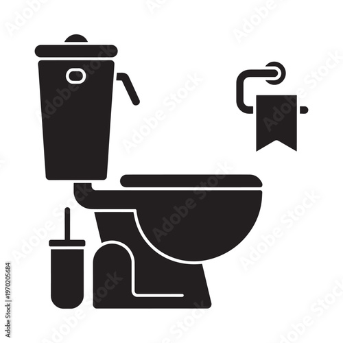 Simple black silhouette illustration of a toilet and toilet paper