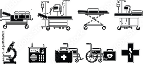 Hospital equipment silhouettes vector set, medical beds stretchers wheelchair microscope and emergency kit icons, healthcare tools collection isolated black illustration for clinic design