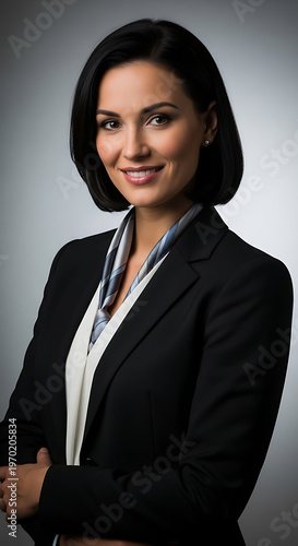 Portrait of a confident and professional business woman in a suit, smiling with her arms crossed, suitable for corporate and professional contexts