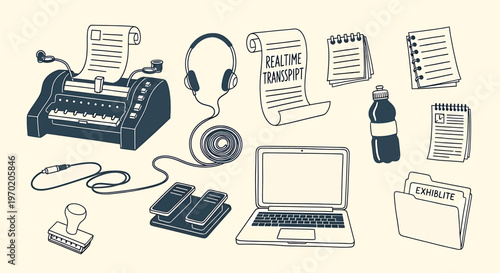 Vintage technology collection isolated on transparent background sketches of radios headphones and office equipment