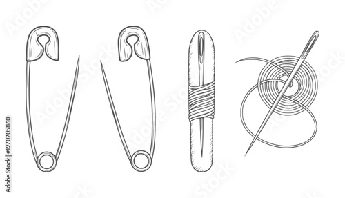 Hand drawn of sewing notions safety pins needle and thread