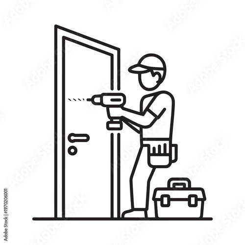 A handyman drills into a door preparing to install hardware