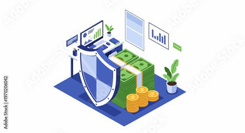 Isometric Illustration of Financial Security and Wealth Protection Concept with Money Stacks, Gold Coins, and Shield