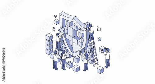 Isometric Team Working Together to Build a Large Protective Shield for Cybersecurity and Data Privacy Data Protection Concept