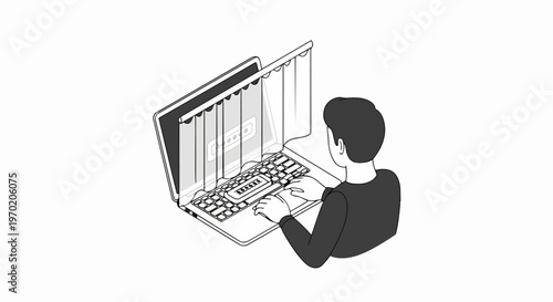 Cybersecurity and Internet Privacy Concept: Man Working on Laptop with Curtains Protecting Sensitive Data and Passwords