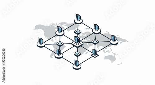 Isometric Global Cybersecurity Network and Data Protection Illustration over a World Map