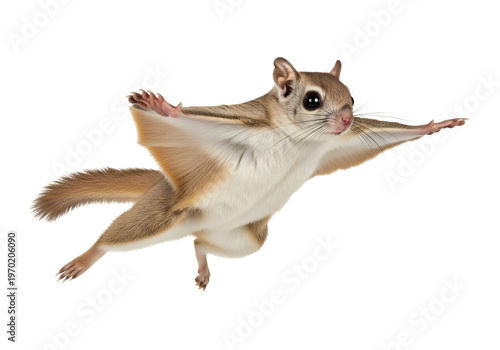 A fluffy, light brown gliding mammal stretches out its membranous wings against a solid black background.