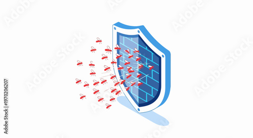 Isometric Illustration of a Protective Shield Blocking a Swarm of Mosquitoes, Symbolizing Pest Control, Health Safety, and Virus Prevention