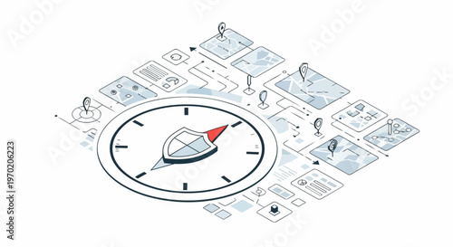 Isometric Cybersecurity and Strategic Business Navigation Concept with Compass Shield and Digital Location Map Pins