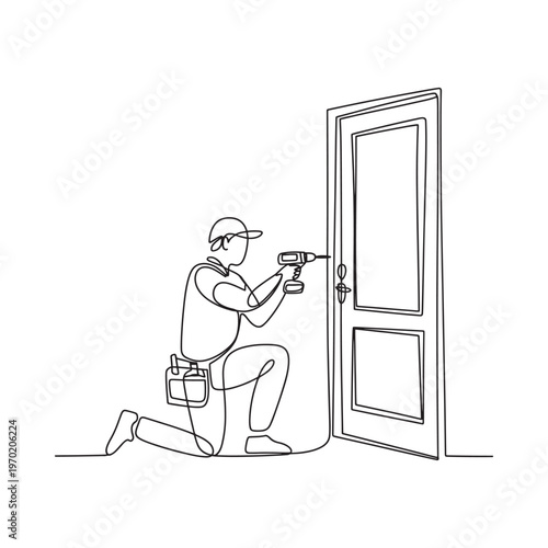 A worker installs a door lock with a power drill in a line drawing