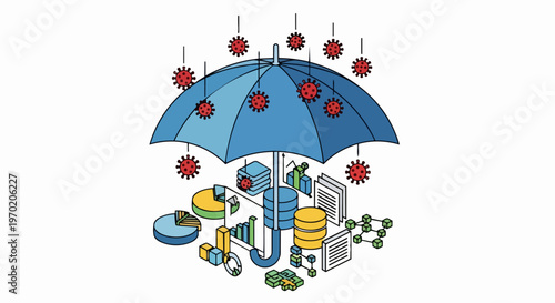Cybersecurity and Data Protection Concept with Blue Umbrella Shielding Servers and Financial Charts from Virus Particles