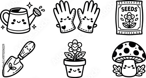 Cute black and white gardening tools with happy faces vector art